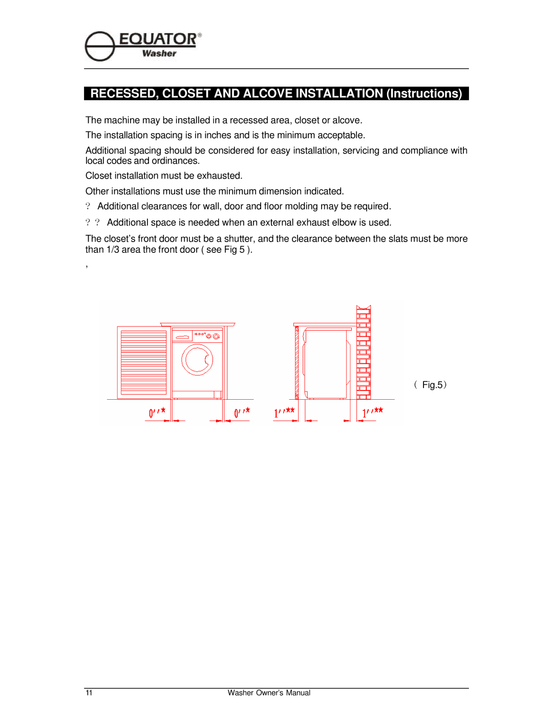 Equator EW510 owner manual RECESSED, Closet and Alcove Installation Instructions 