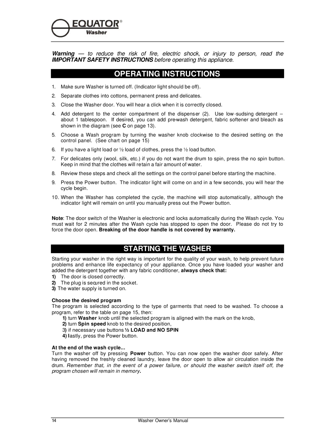 Equator EW510 Operating Instructions, Starting the Washer, Choose the desired program, At the end of the wash cycle 