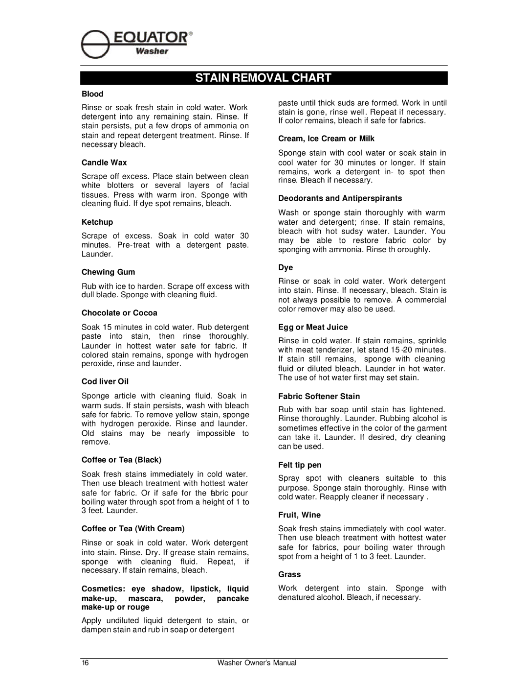 Equator EW510 owner manual Stain Removal Chart 