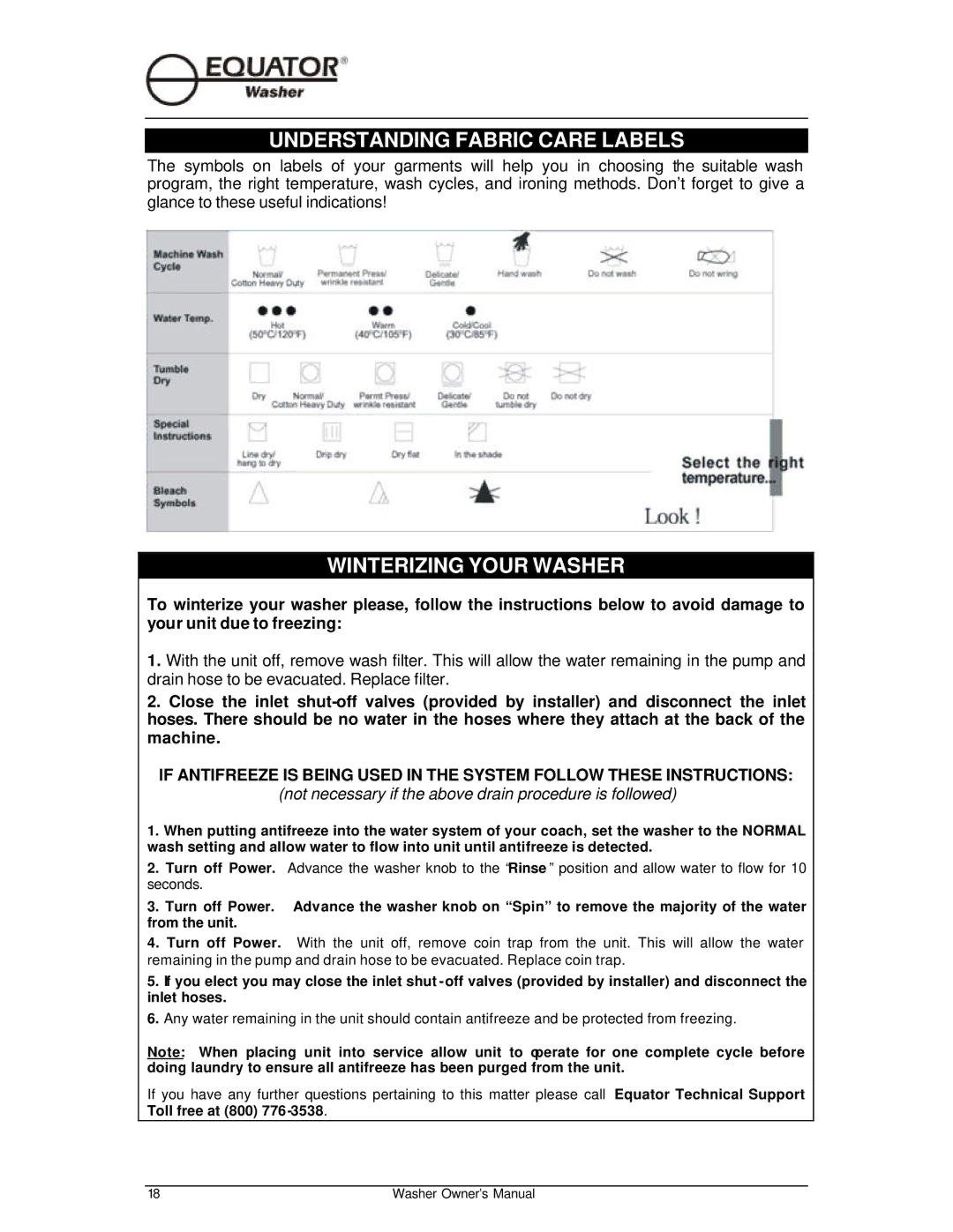 Equator EW510 owner manual Understanding Fabric Care Labels, Winterizing Your Washer 