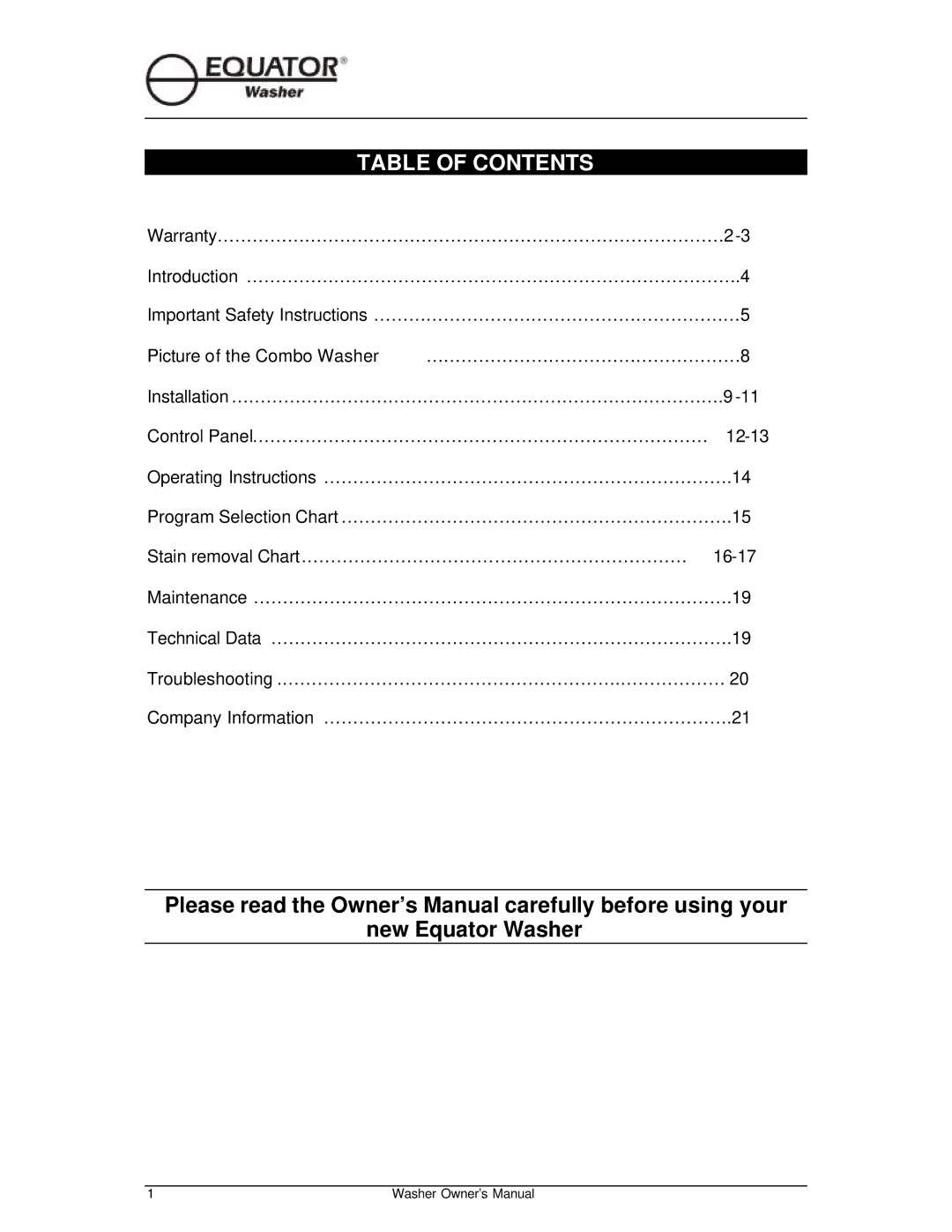 Equator EW510 owner manual Table of Contents 