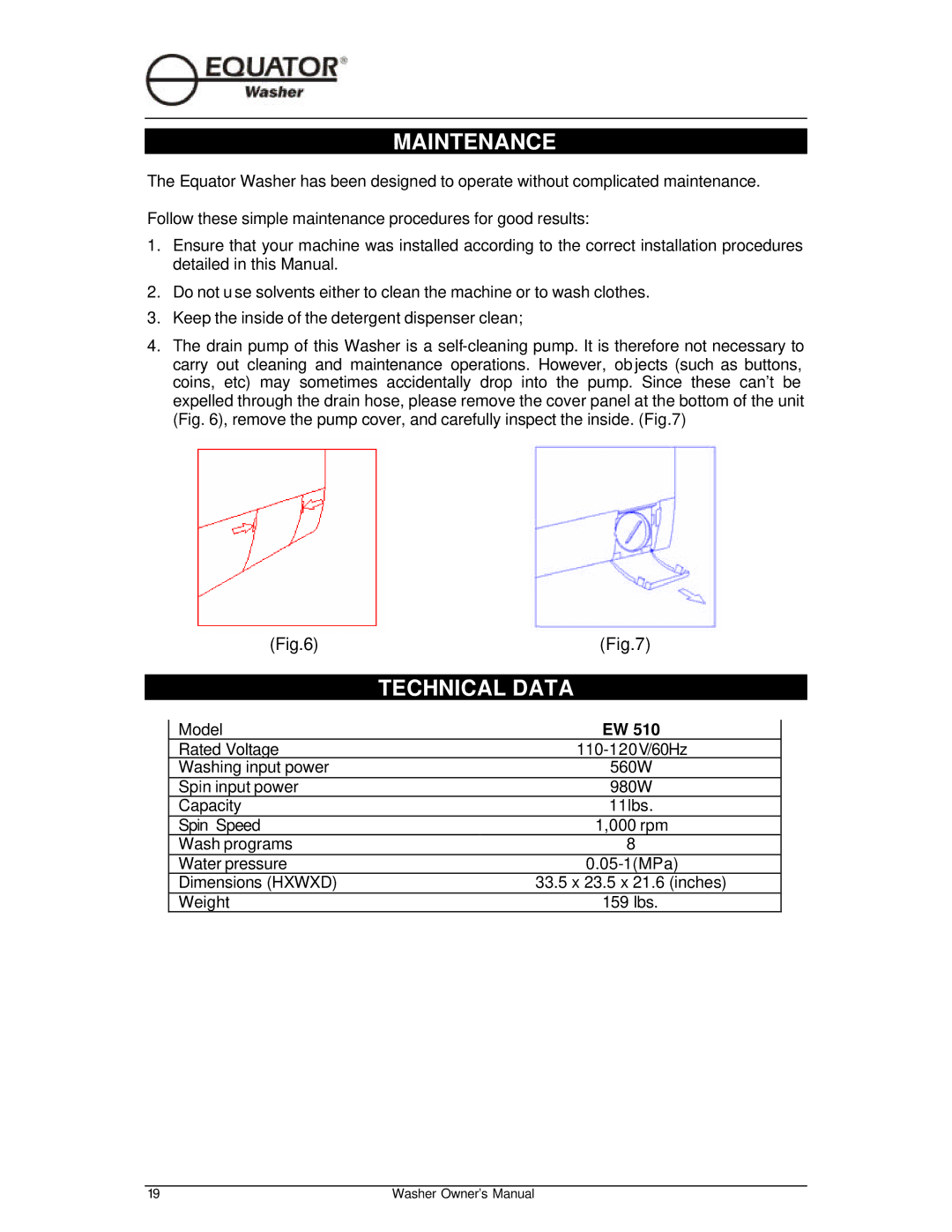 Equator EW510 owner manual Maintenance, Technical Data 