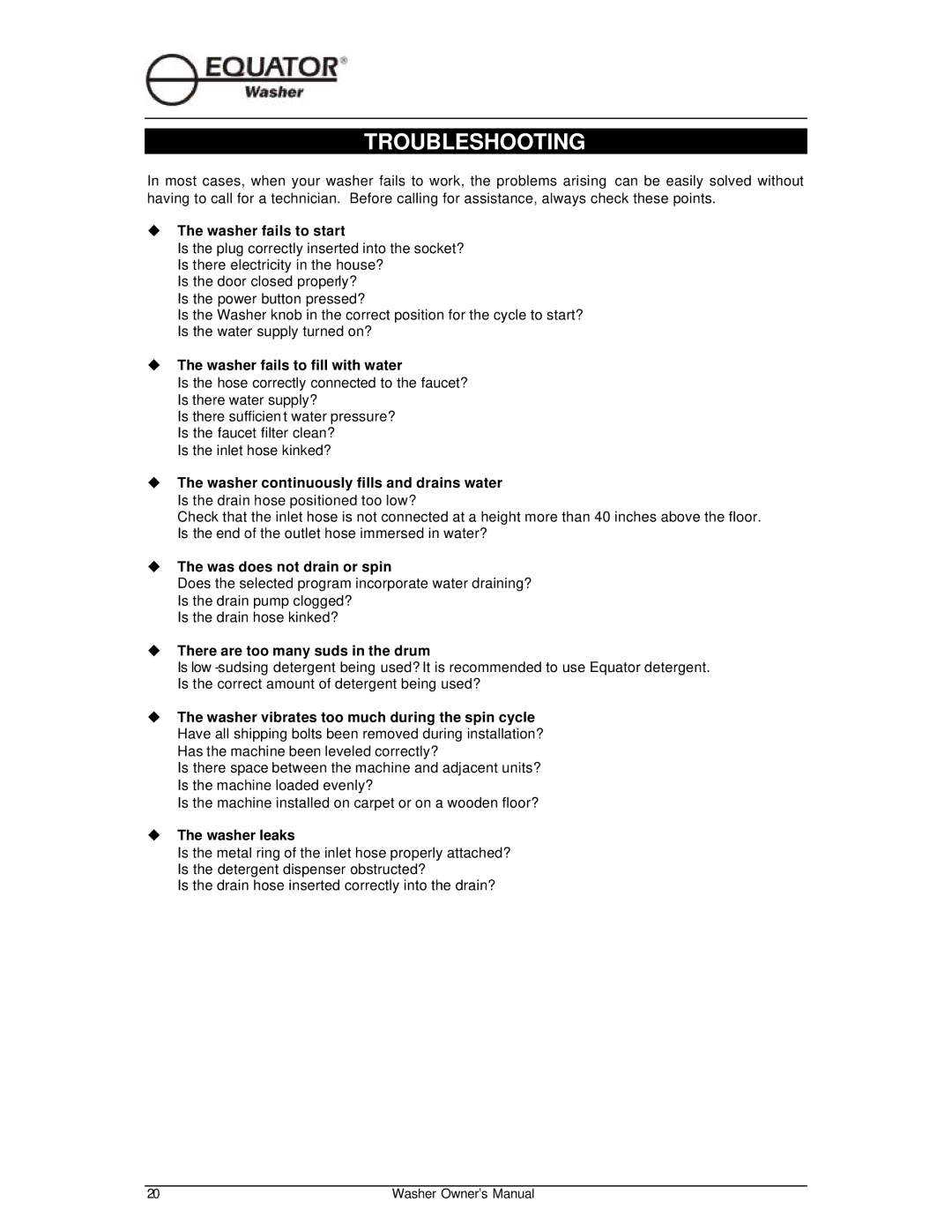 Equator EW510 owner manual Troubleshooting 