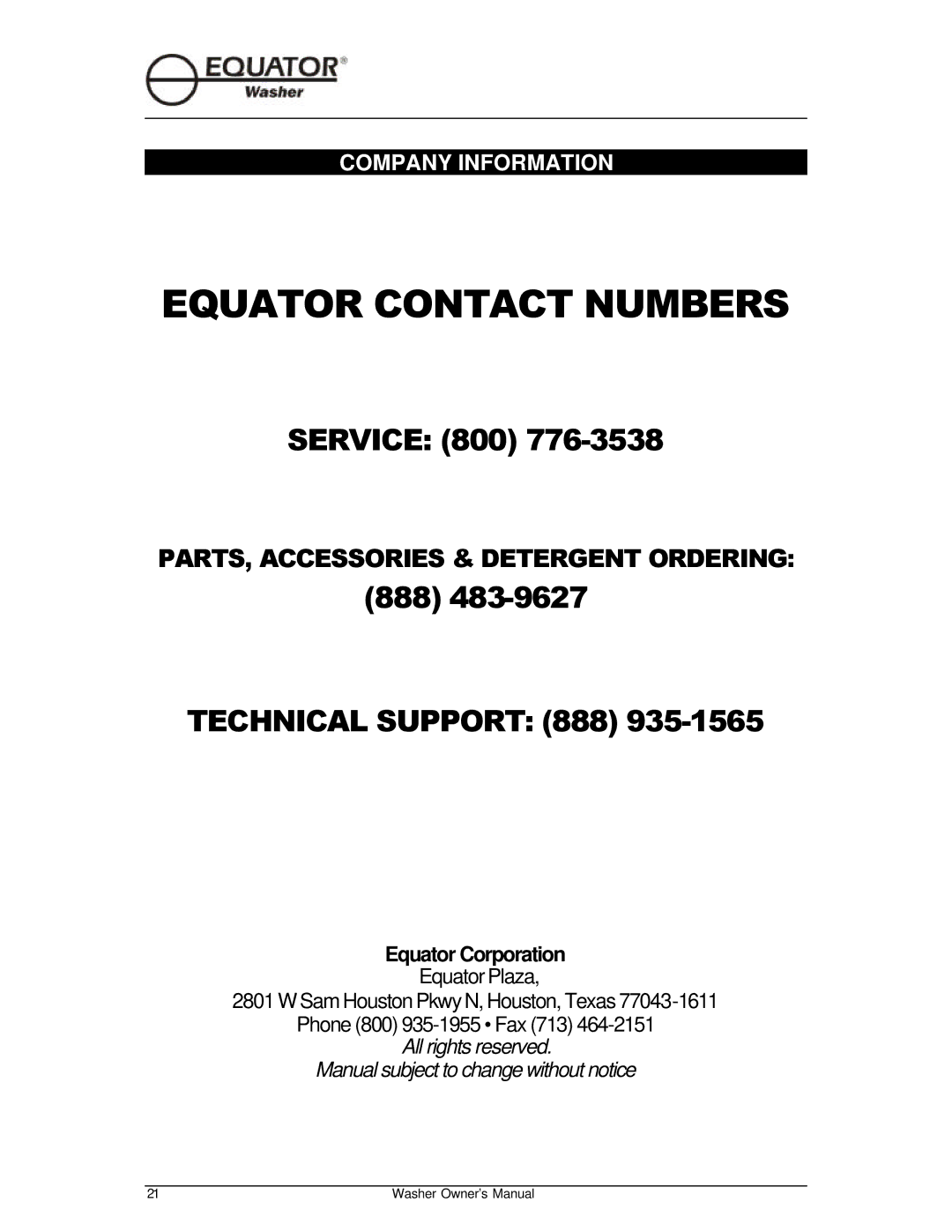 Equator EW510 owner manual Equator Contact Numbers, Company Information 