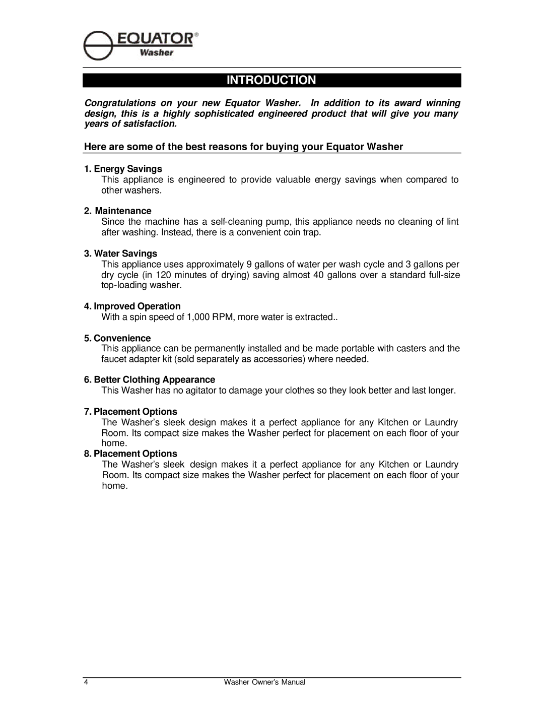 Equator EW510 owner manual Introduction, Energy Savings 