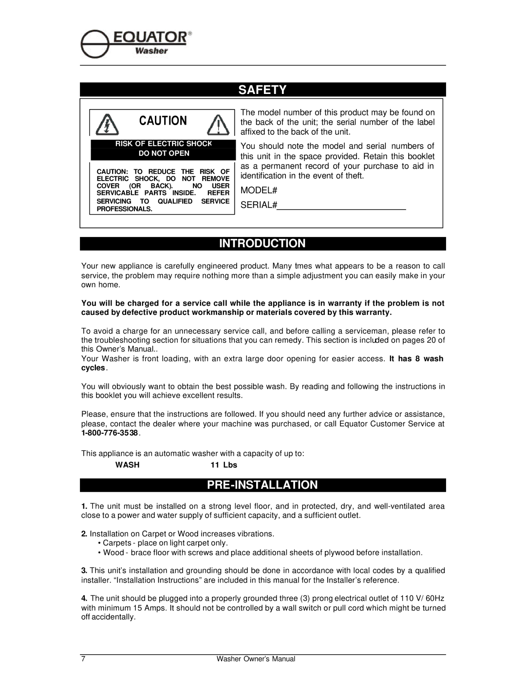 Equator EW510 owner manual Safety, Pre-Installation, 11 Lbs 