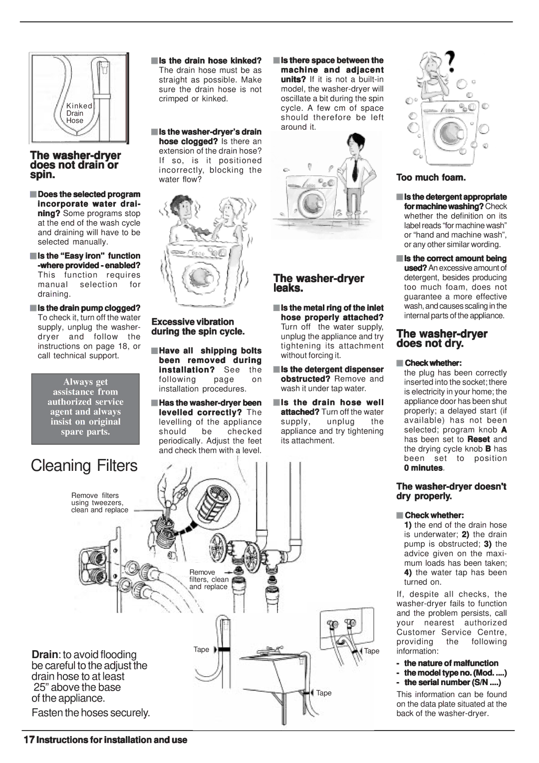 Equator EZ 1612 V manual Washer-dryer does not drain or spin, Washer-dryer leaks, Washer-dryer does not dry 