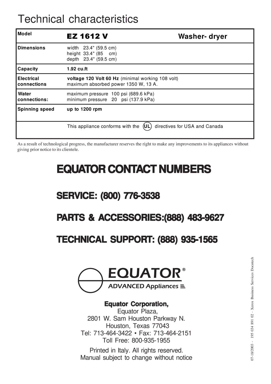 Equator EZ 1612 V manual Technical characteristics, Equator Corporation 