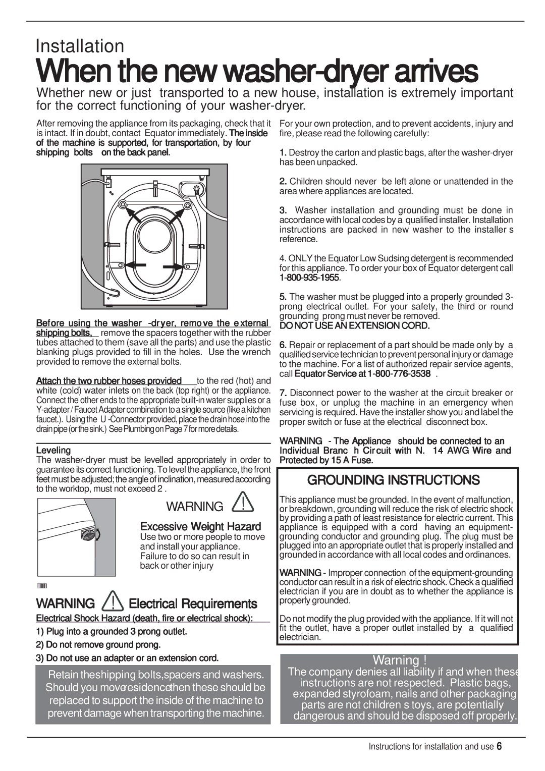 Equator EZ 1612 V manual Excessive Weight Hazard, Leveling 