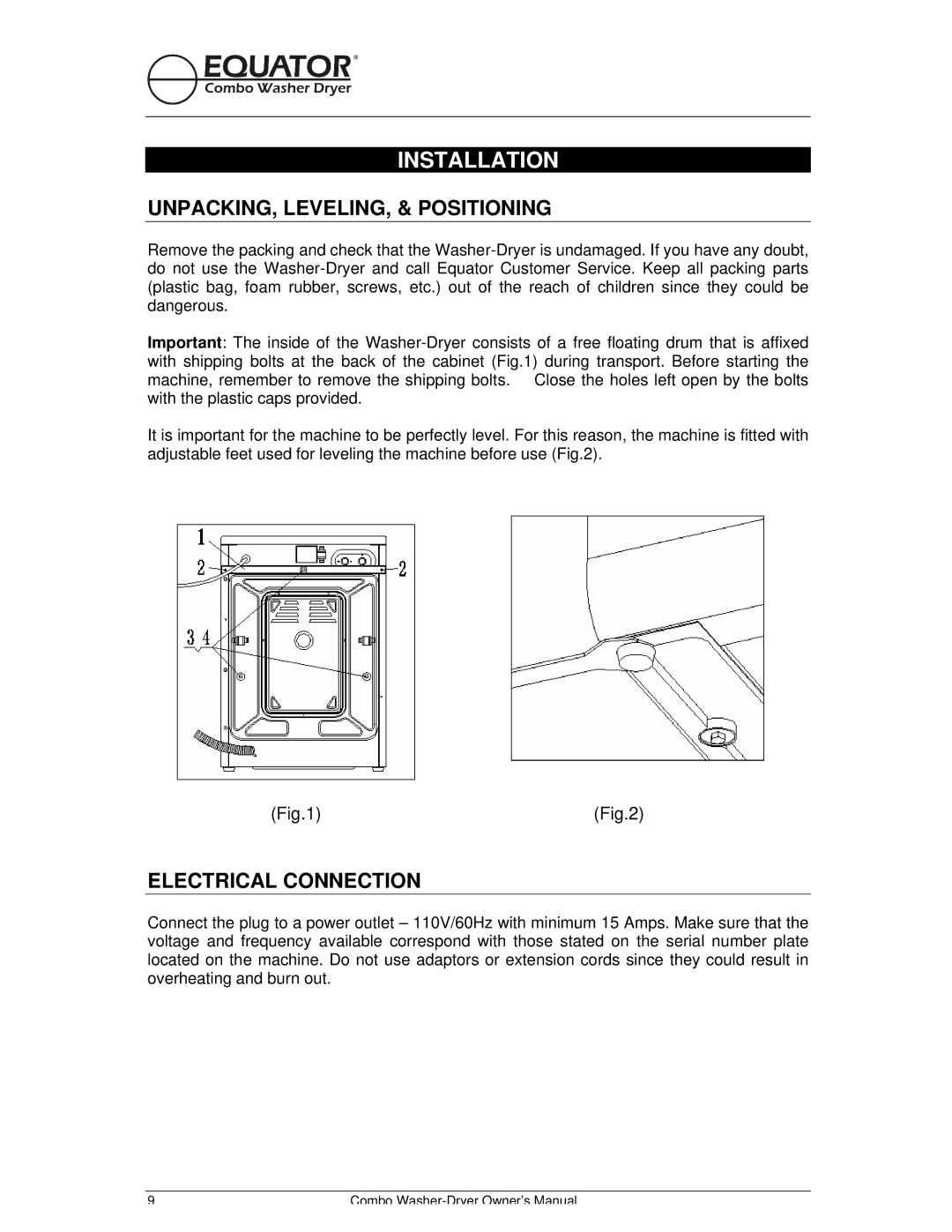 Equator EZ 1720 V owner manual Installation, UNPACKING, LEVELING, & Positioning, Electrical Connection 