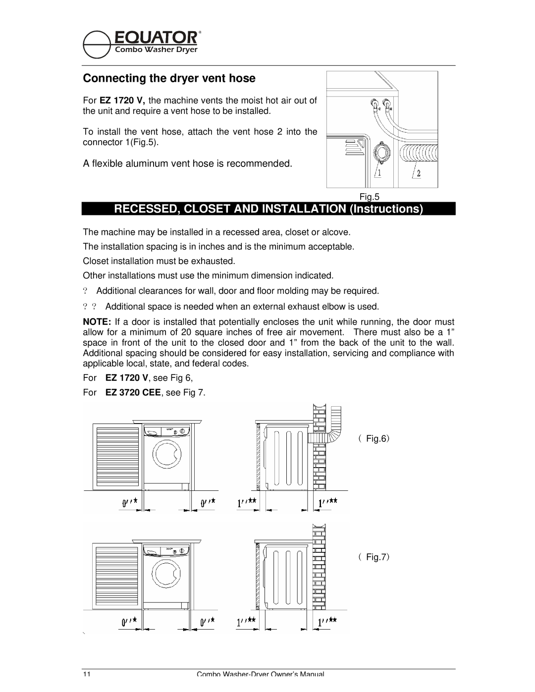 Equator EZ 1720 V owner manual RECESSED, Closet and Installation Instructions 