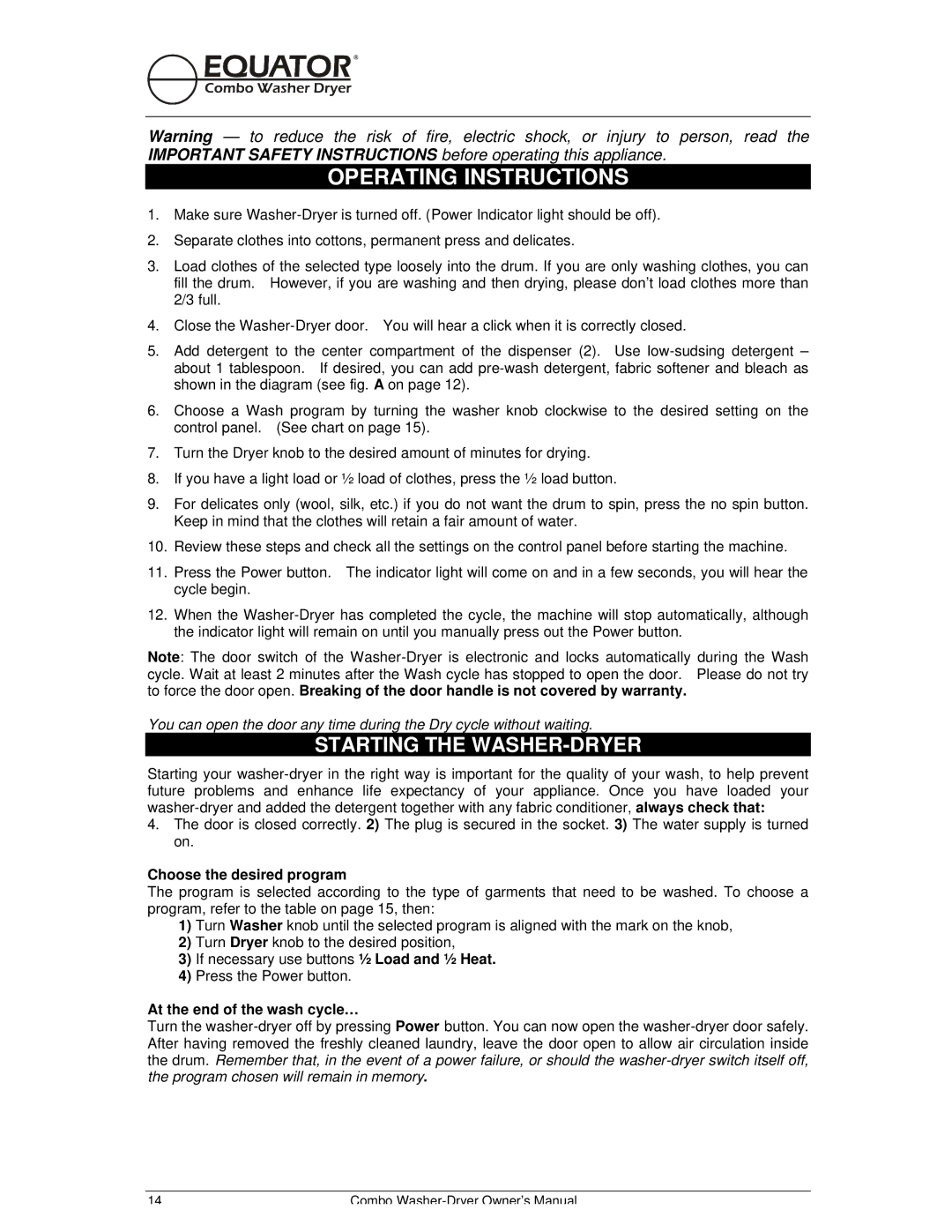 Equator EZ 1720 V owner manual Operating Instructions, Starting the WASHER-DRYER, Choose the desired program 