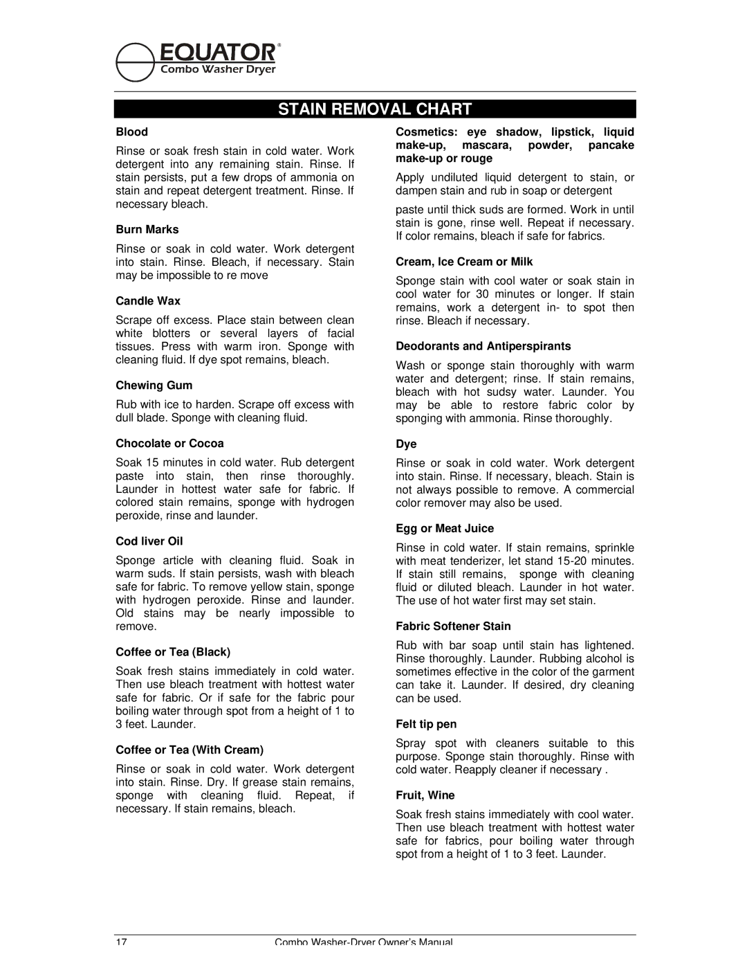 Equator EZ 1720 V owner manual Stain Removal Chart 