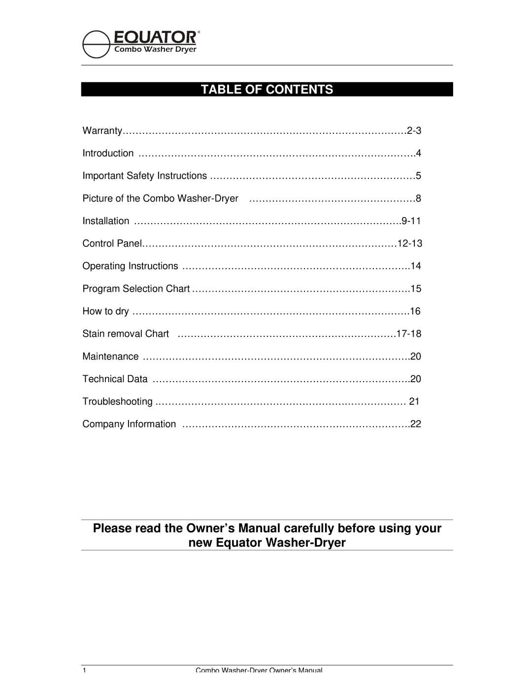 Equator EZ 1720 V owner manual Table of Contents 