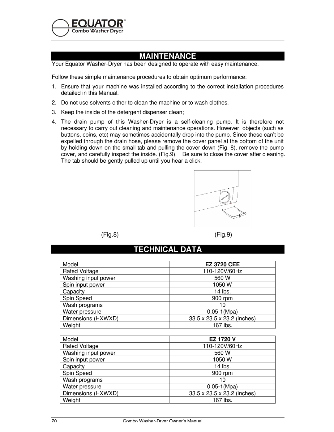 Equator EZ 1720 V owner manual Maintenance, Technical Data, EZ 3720 CEE 