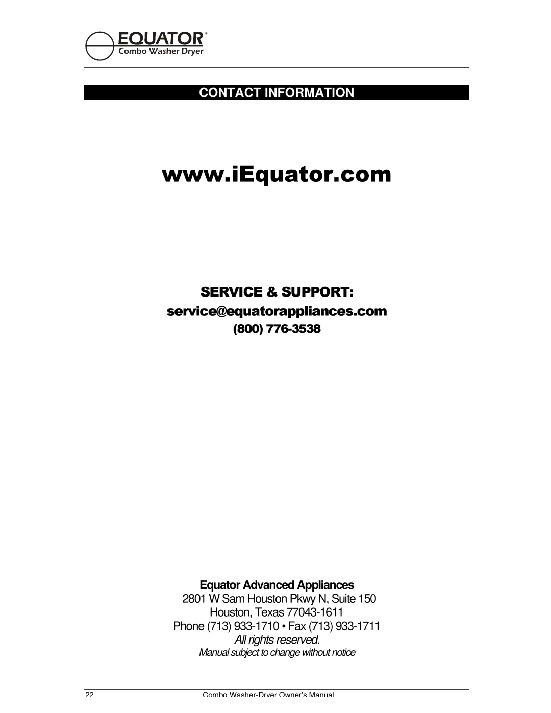 Equator EZ 1720 V owner manual Service & Support, Contact Information 