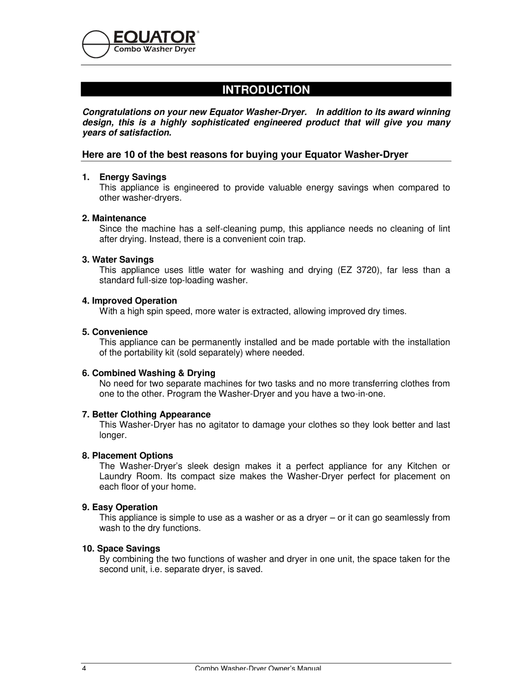 Equator EZ 1720 V owner manual Introduction, Energy Savings 