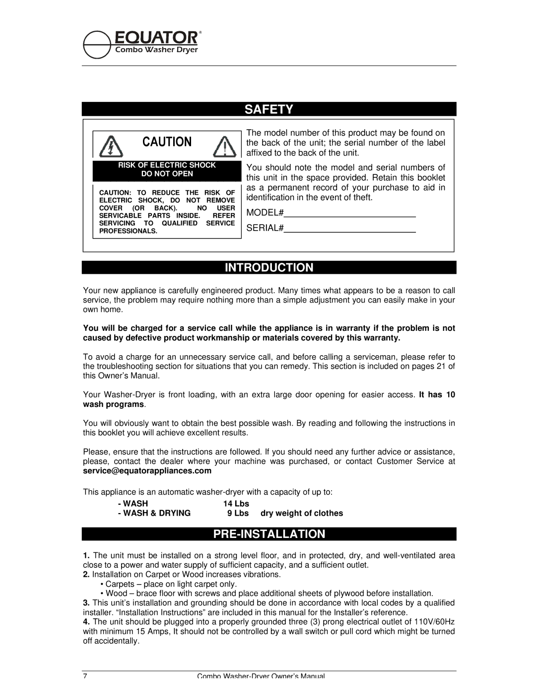 Equator EZ 1720 V owner manual Safety, Pre-Installation, 14 Lbs, Lbs dry weight of clothes 