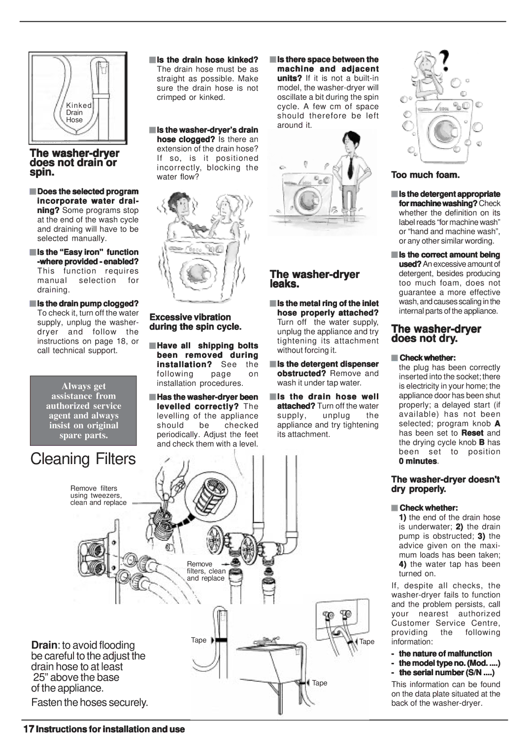 Equator EZ 2512 CEE manual Washer-dryer does not drain or spin, Washer-dryer leaks, Washer-dryer does not dry 