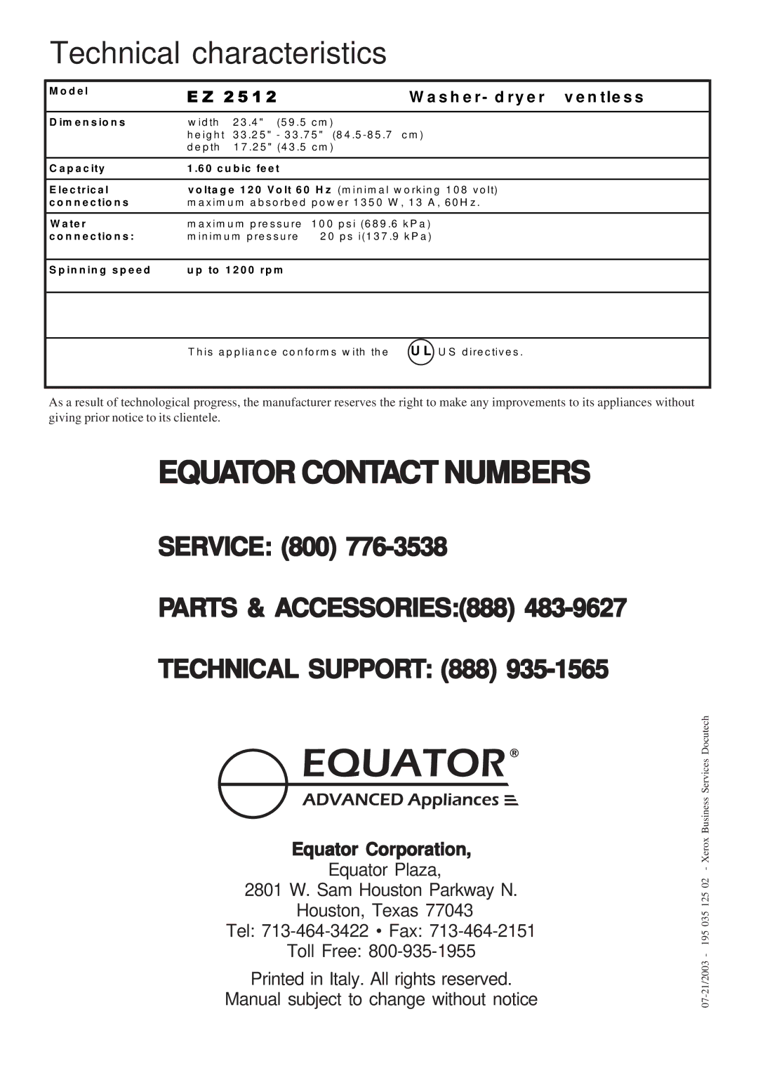 Equator EZ 2512 CEE manual Technical characteristics, Equator Corporation 