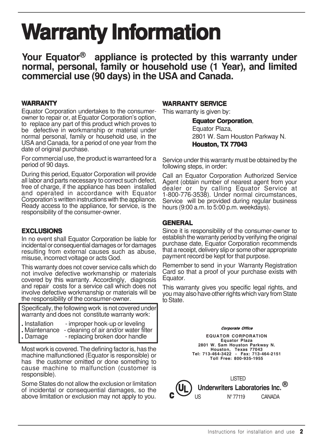 Equator EZ 2512 CEE manual Warranty Information, Equator Corporation, Houston, TX, Underwriters Laboratories Inc 