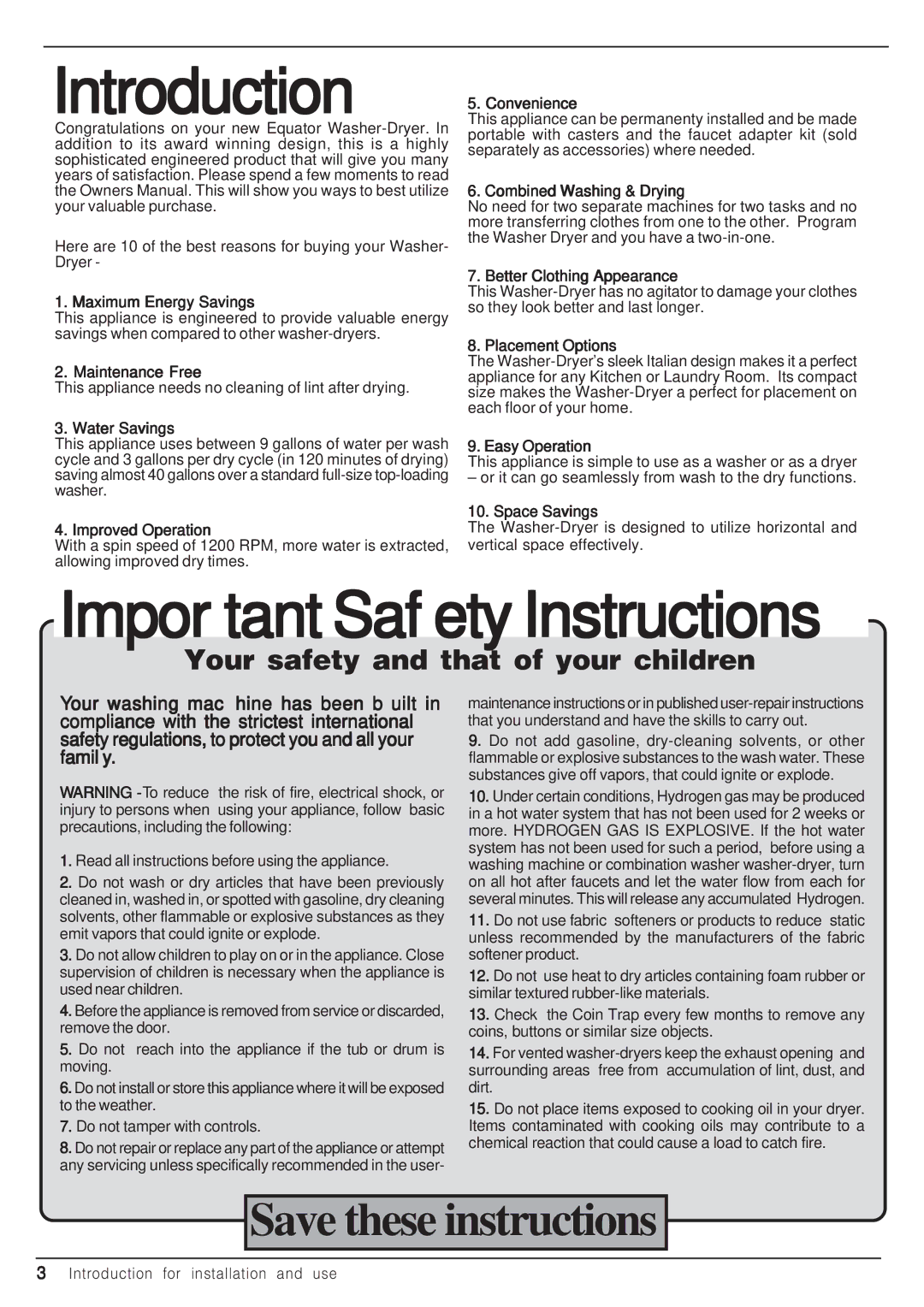 Equator EZ 2512 CEE manual Introduction, Important Safety Instructions 