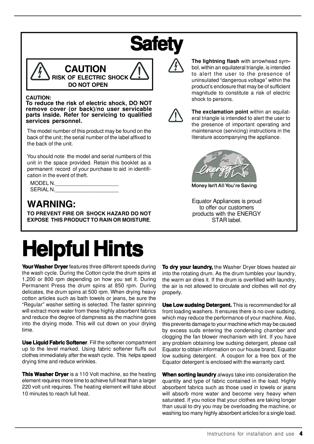 Equator EZ 2512 CEE manual Helpful Hints, Safety 