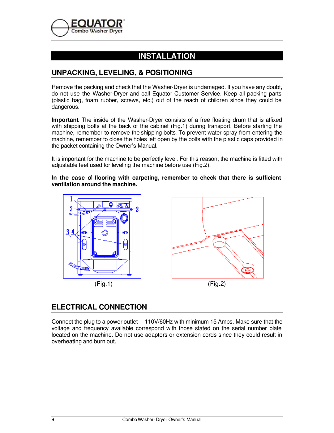 Equator EZ 3710 CEE, EZ 1710 V owner manual Installation, UNPACKING, LEVELING, & Positioning, Electrical Connection 