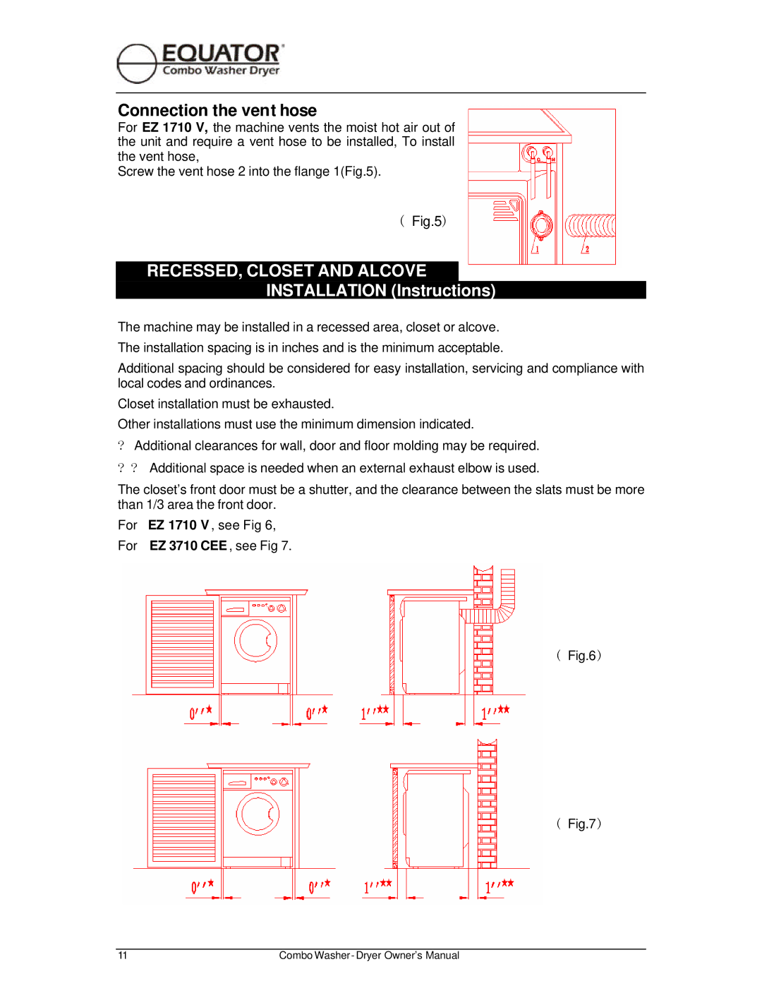 Equator EZ 3710 CEE, EZ 1710 V owner manual Connection the vent hose, RECESSED, Closet and Alcove 