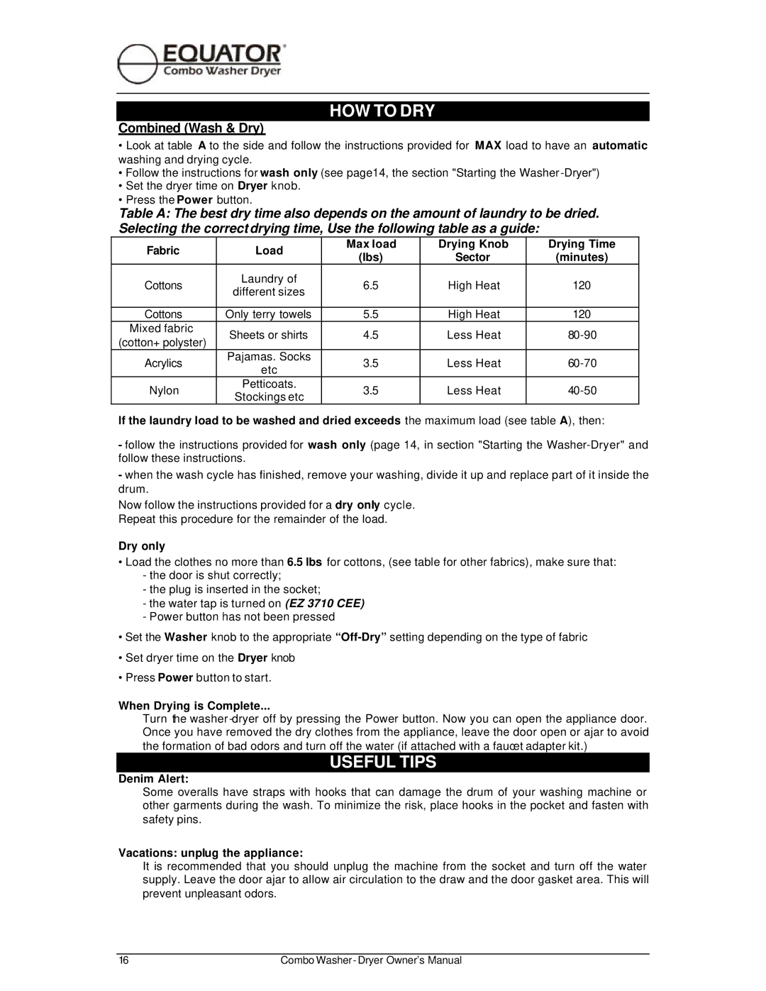 Equator EZ 1710 V, EZ 3710 CEE owner manual HOW to DRY, Useful Tips, Combined Wash & Dry 