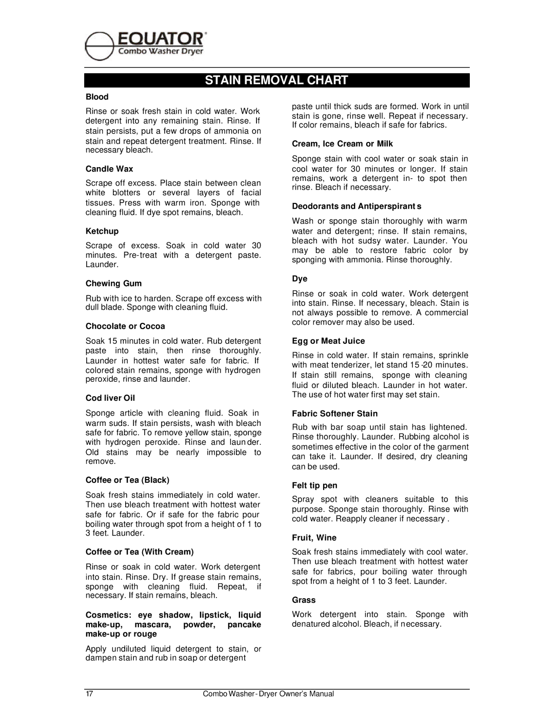 Equator EZ 3710 CEE, EZ 1710 V owner manual Stain Removal Chart 