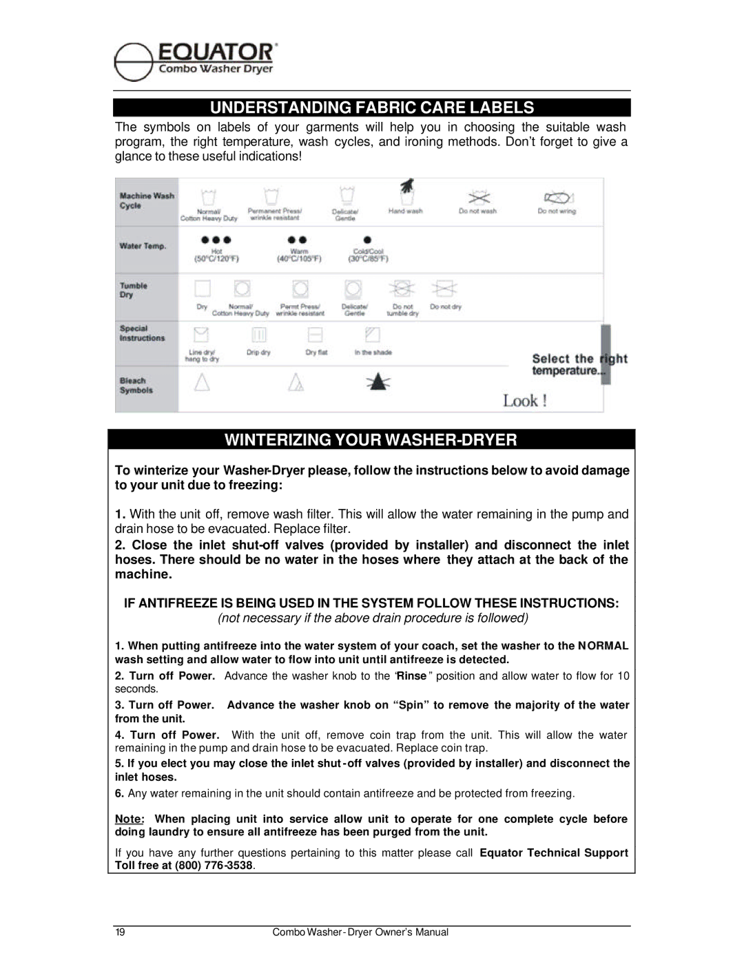 Equator EZ 3710 CEE, EZ 1710 V owner manual Understanding Fabric Care Labels, Winterizing Your WASHER-DRYER 