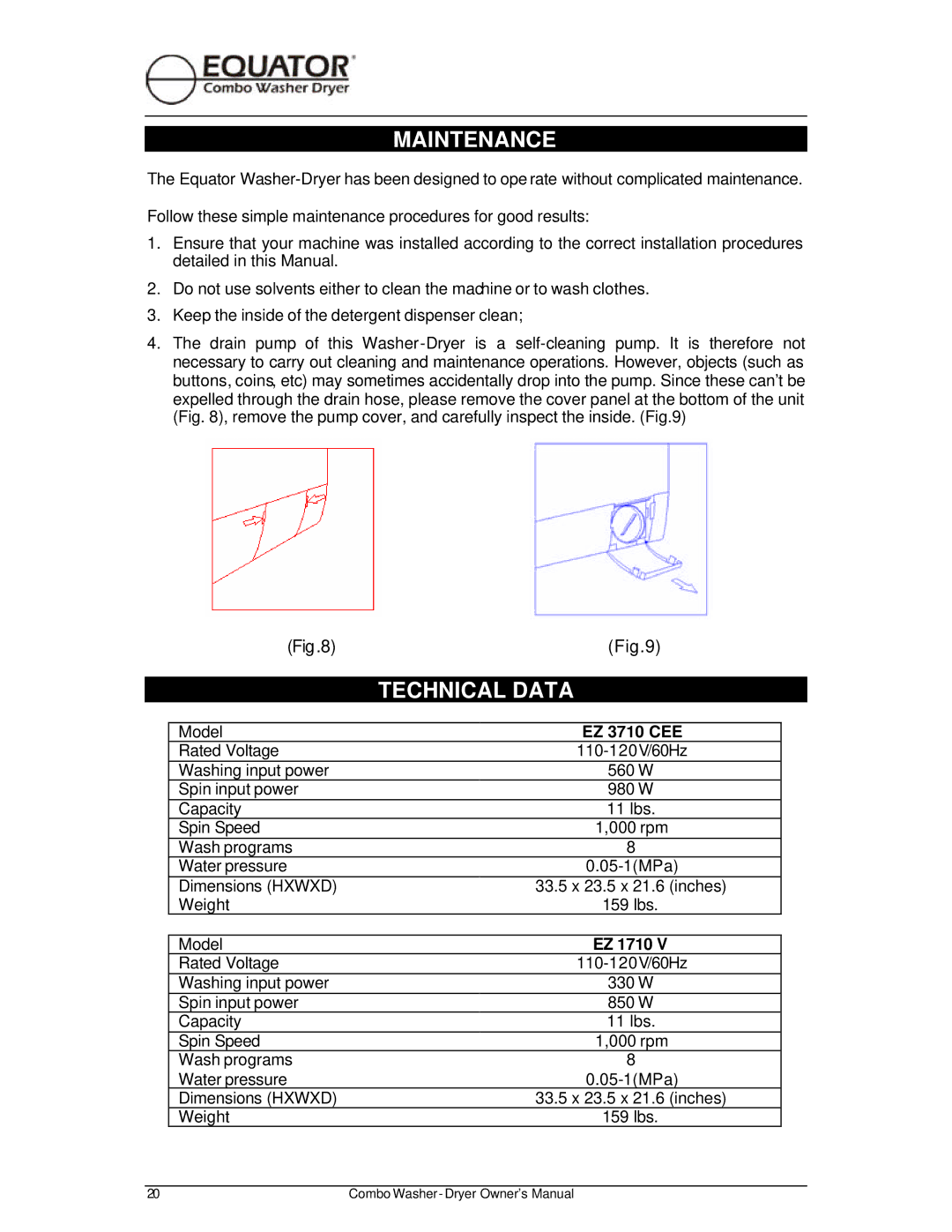 Equator EZ 1710 V owner manual Maintenance, Technical Data, EZ 3710 CEE 