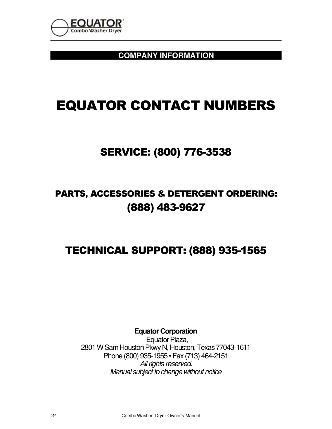 Equator EZ 1710 V, EZ 3710 CEE owner manual Equator Contact Numbers, Company Information 