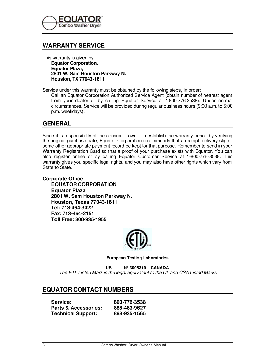 Equator EZ 3710 CEE, EZ 1710 V Warranty Service, General, Equator Contact Numbers, European Testing Laboratories Canada 