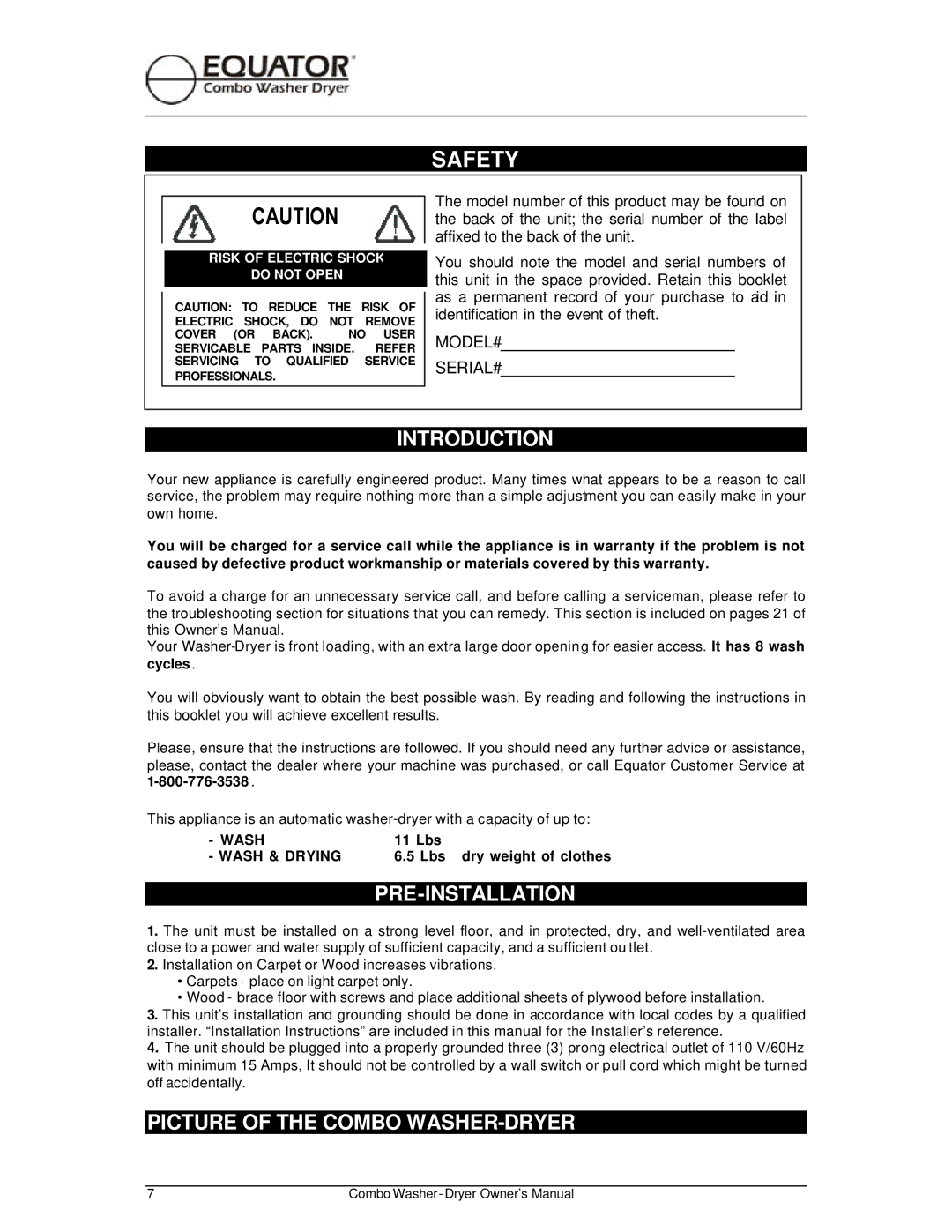 Equator EZ 3710 CEE Safety, Pre-Installation, Picture of the Combo WASHER-DRYER, 11 Lbs, Lbs dry weight of clothes 