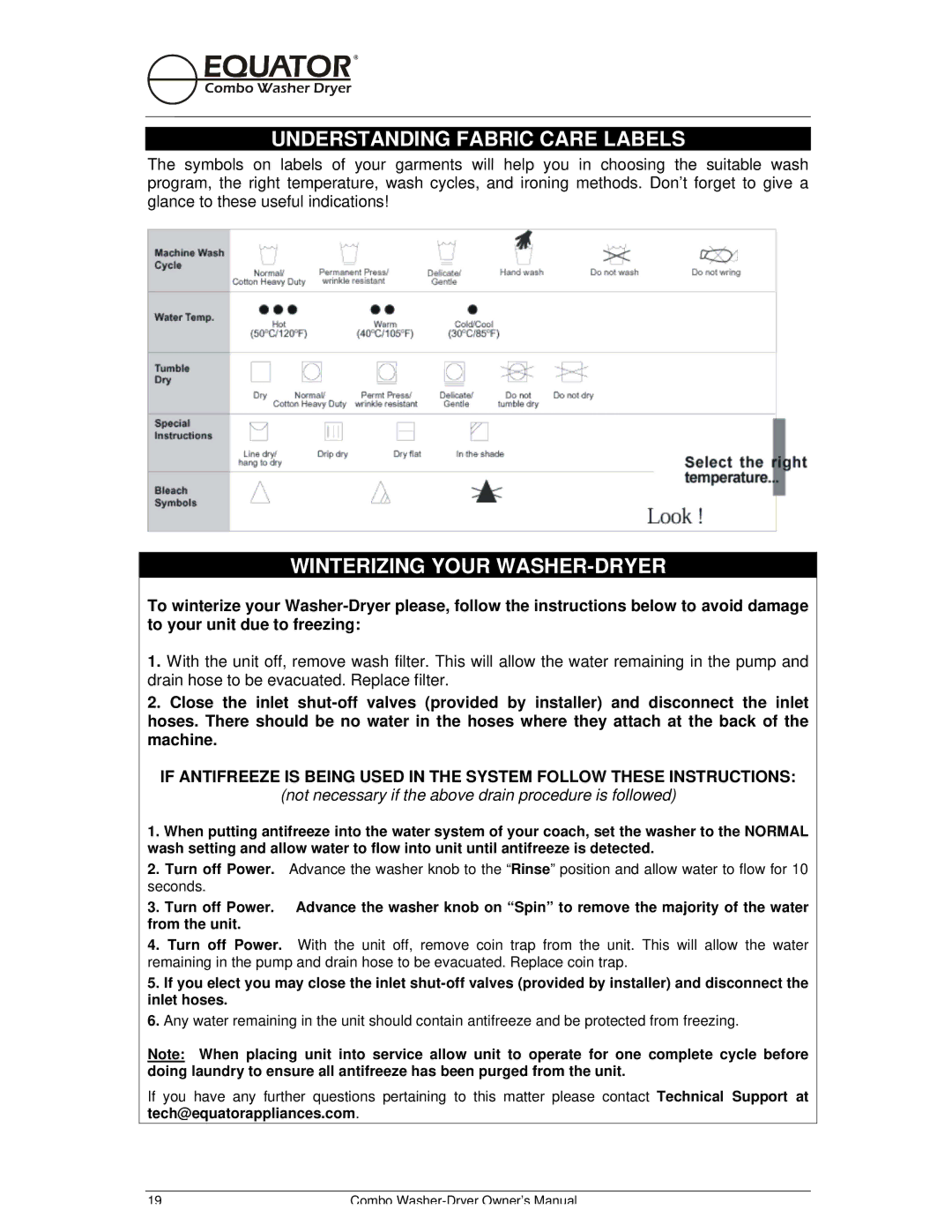 Equator EZ 3720 CEE, EZ 1720 owner manual Understanding Fabric Care Labels, Winterizing Your WASHER-DRYER 