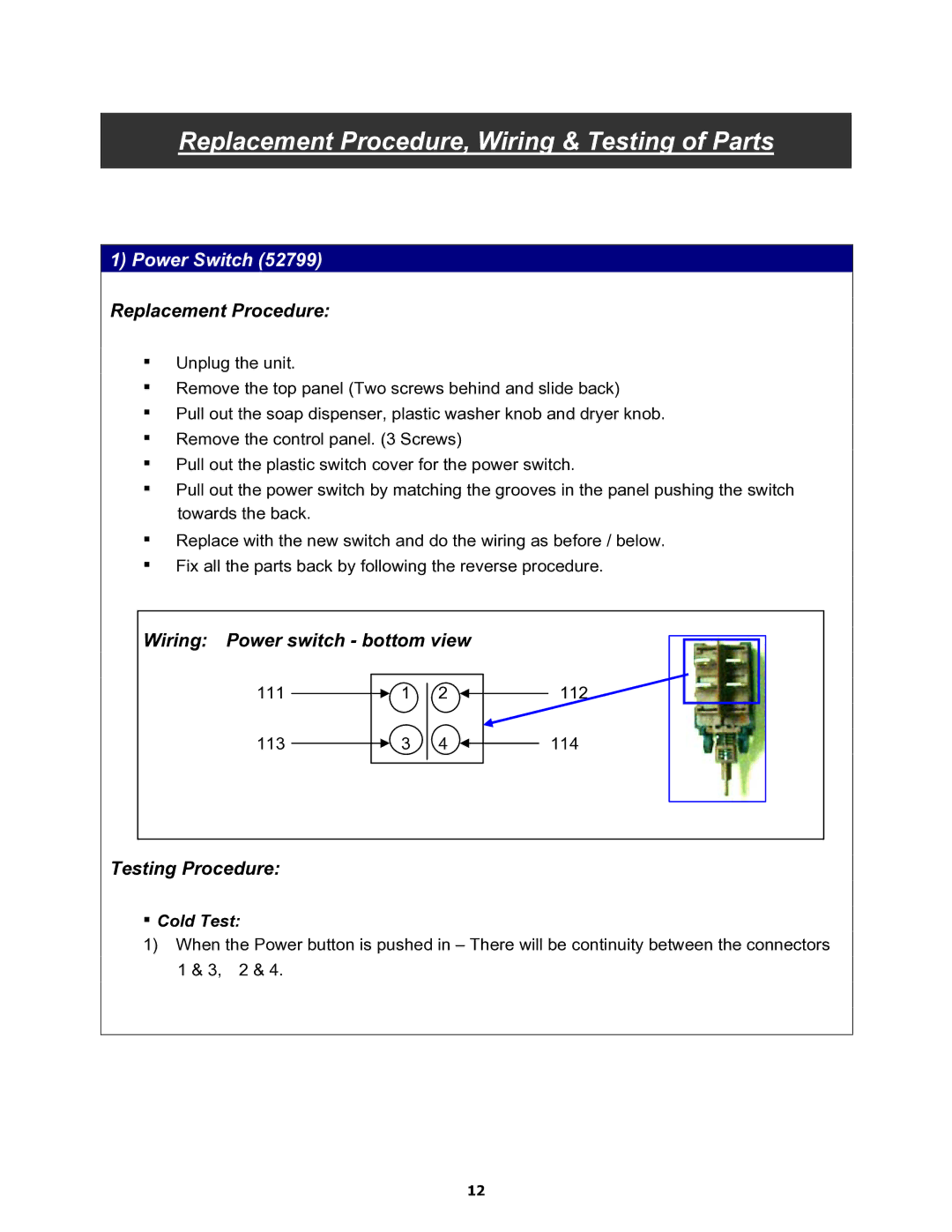 Equator MD3720CEE service manual Replacement Procedure, Wiring & Testing of Parts, Power Switch 52799 Replacement Procedure 