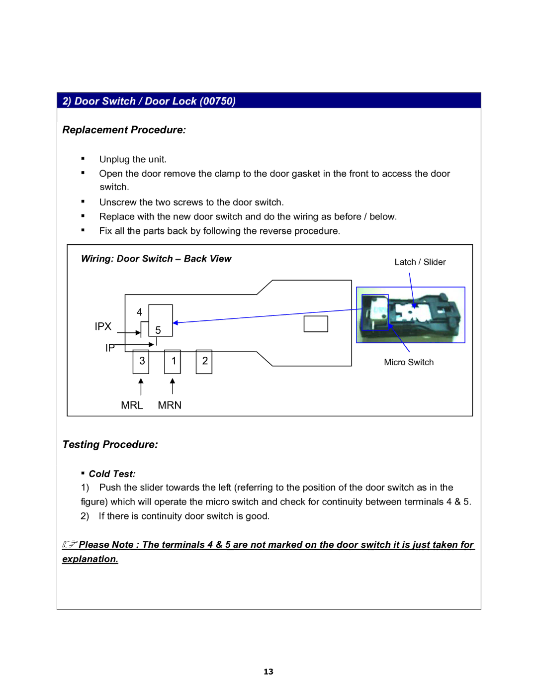 Equator MD3720CEE service manual Door Switch / Door Lock 00750 Replacement Procedure 