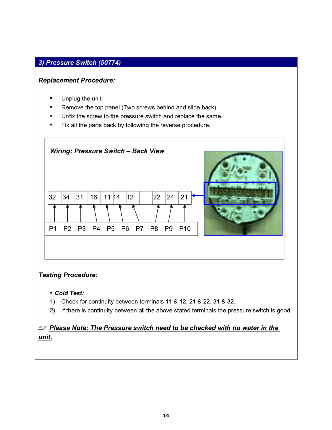 Equator MD3720CEE service manual Pressure Switch 50774 Replacement Procedure 