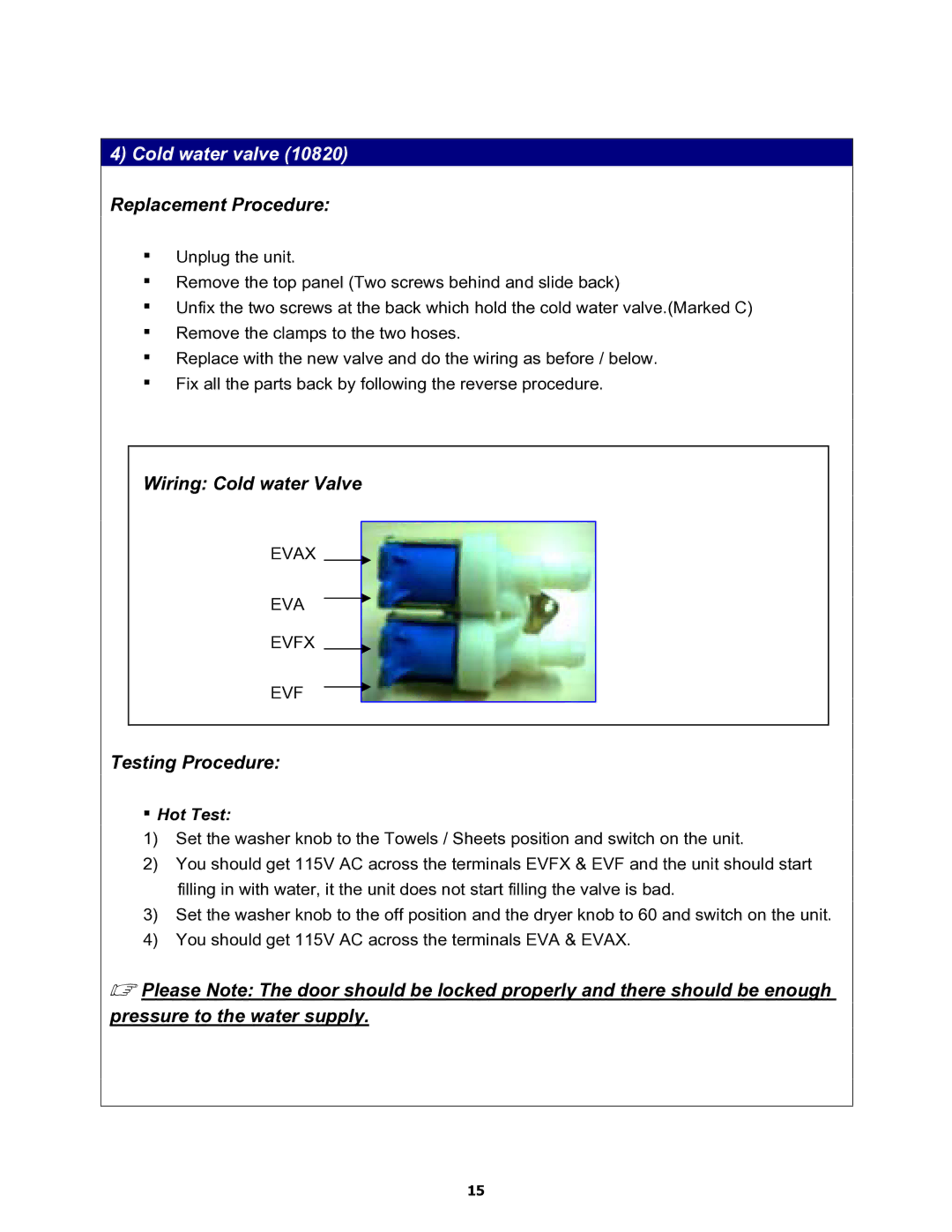 Equator MD3720CEE service manual Cold water valve 10820 Replacement Procedure, Hot Test 