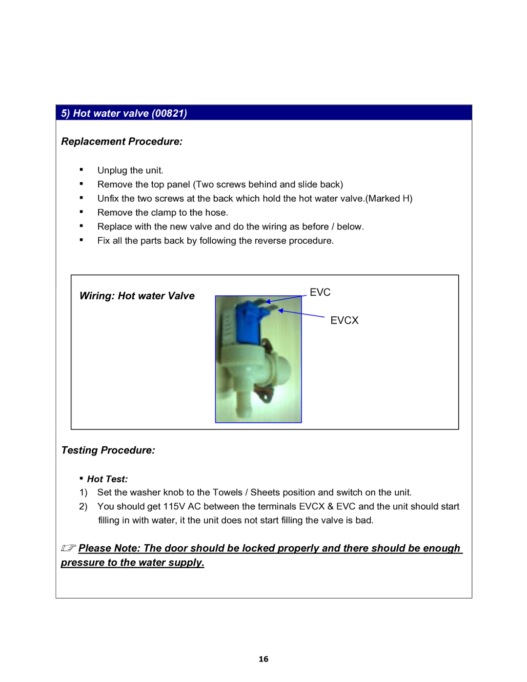 Equator MD3720CEE service manual Hot water valve 00821 Replacement Procedure 