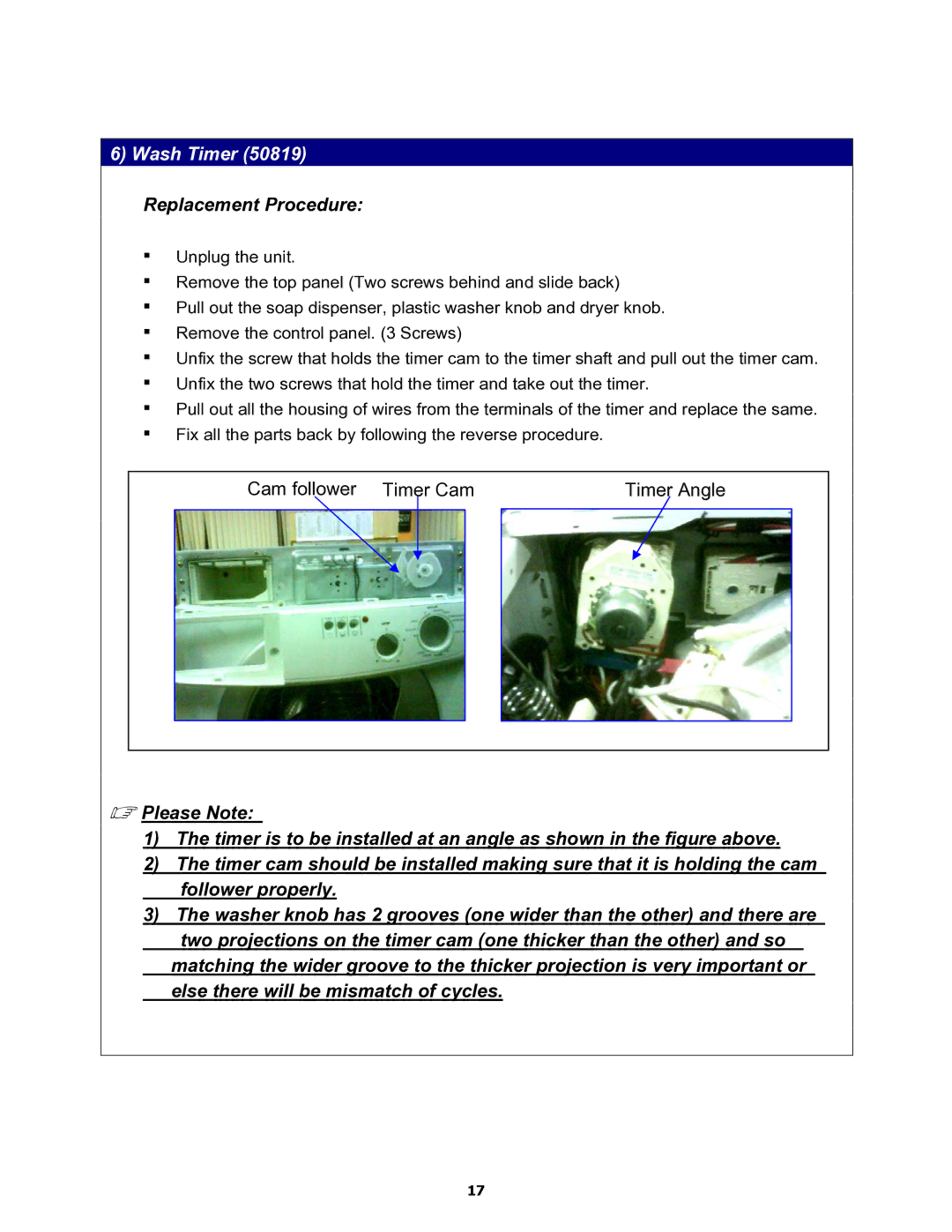 Equator MD3720CEE service manual Wash Timer 50819 Replacement Procedure 