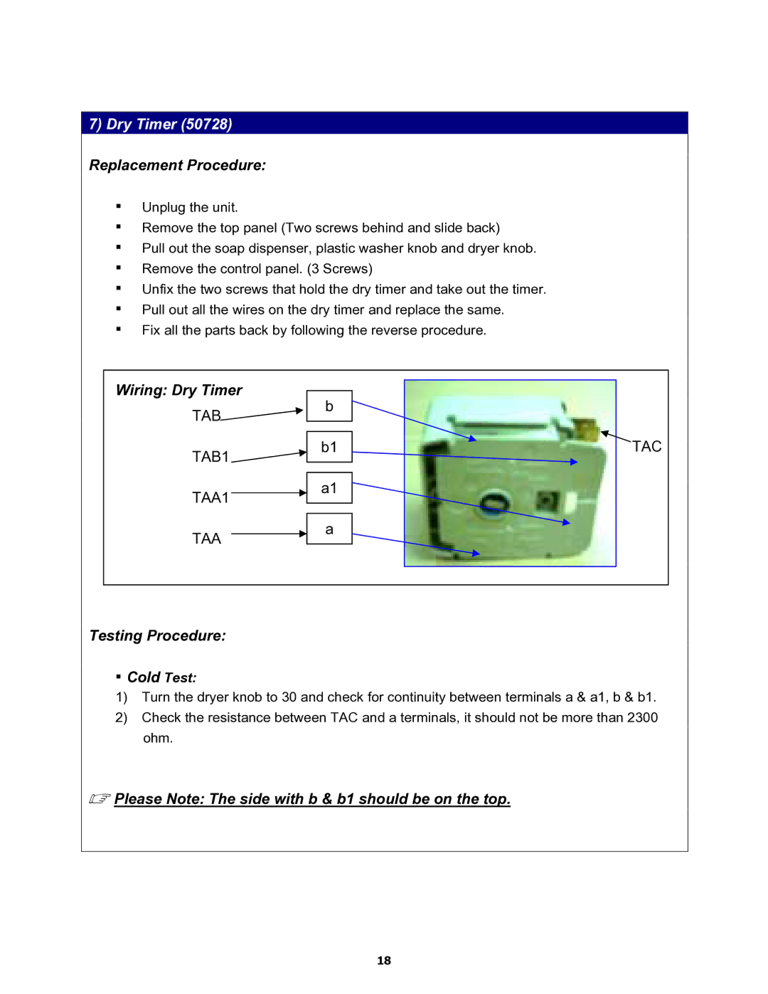 Equator MD3720CEE service manual Dry Timer 50728 Replacement Procedure, Cold Test 