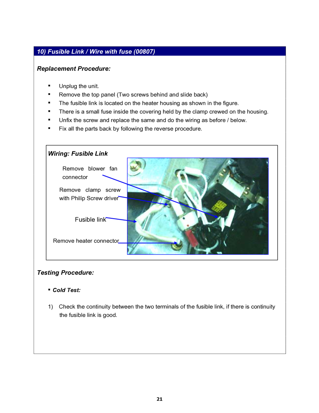 Equator MD3720CEE service manual Fusible Link / Wire with fuse 00807 Replacement Procedure, Wiring Fusible Link 