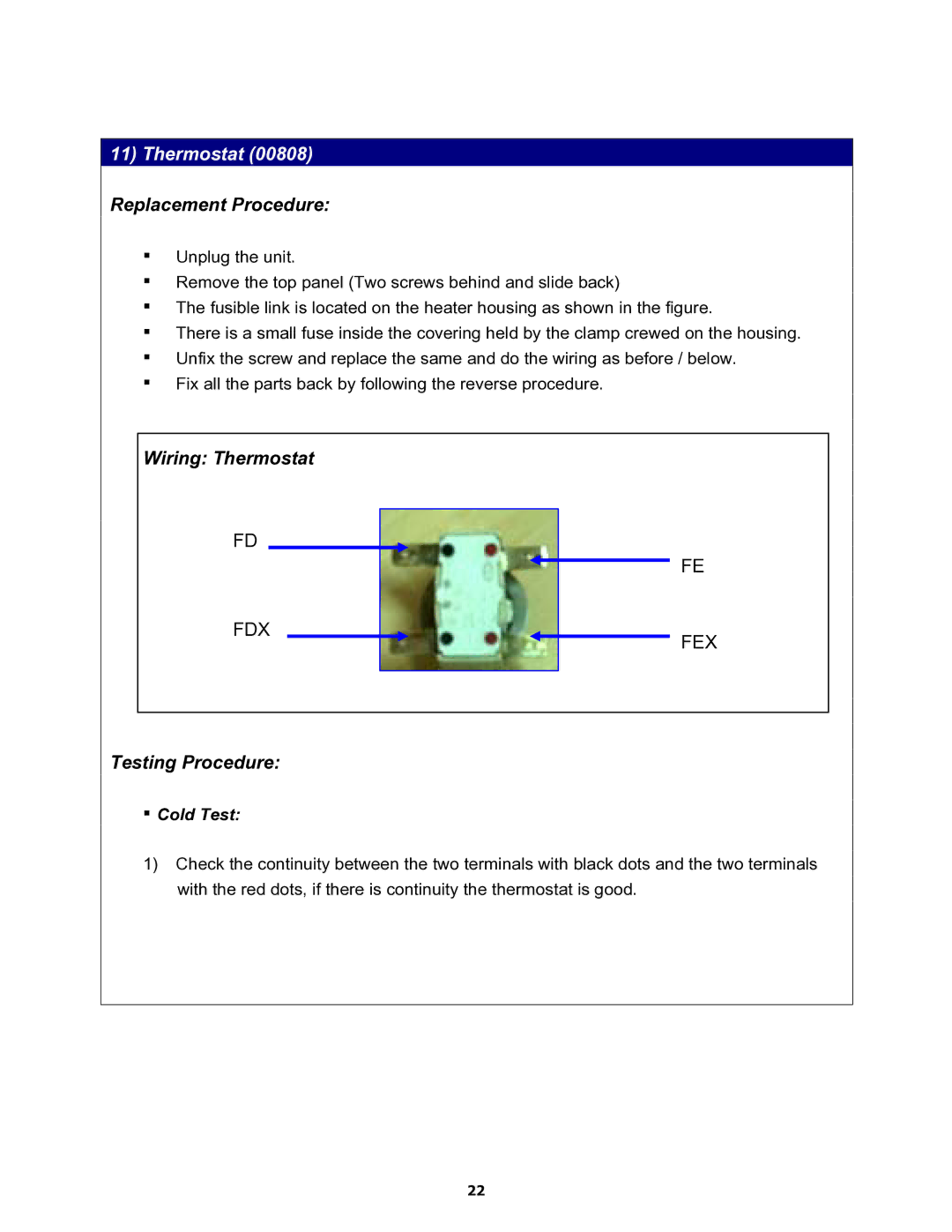 Equator MD3720CEE service manual Thermostat 00808 Replacement Procedure, Fex 