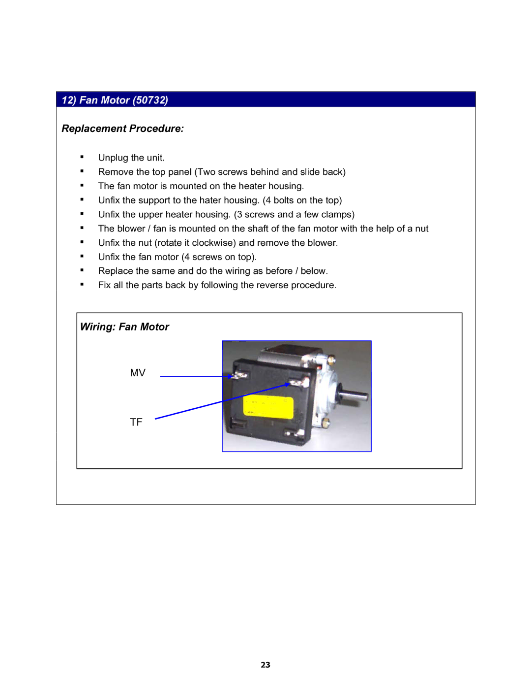 Equator MD3720CEE service manual Fan Motor 50732 Replacement Procedure 