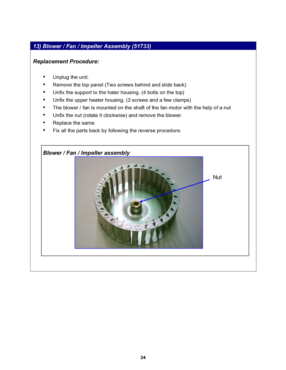 Equator MD3720CEE service manual Blower / Fan / Impeller Assembly 51733 Replacement Procedure 