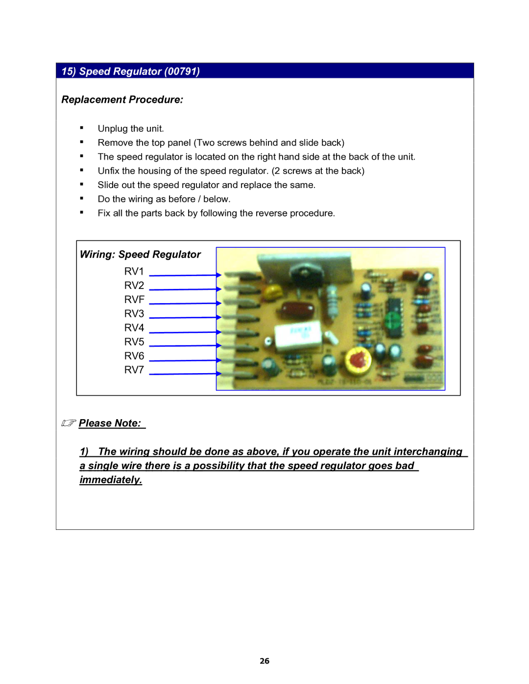 Equator MD3720CEE service manual Speed Regulator 00791 Replacement Procedure 