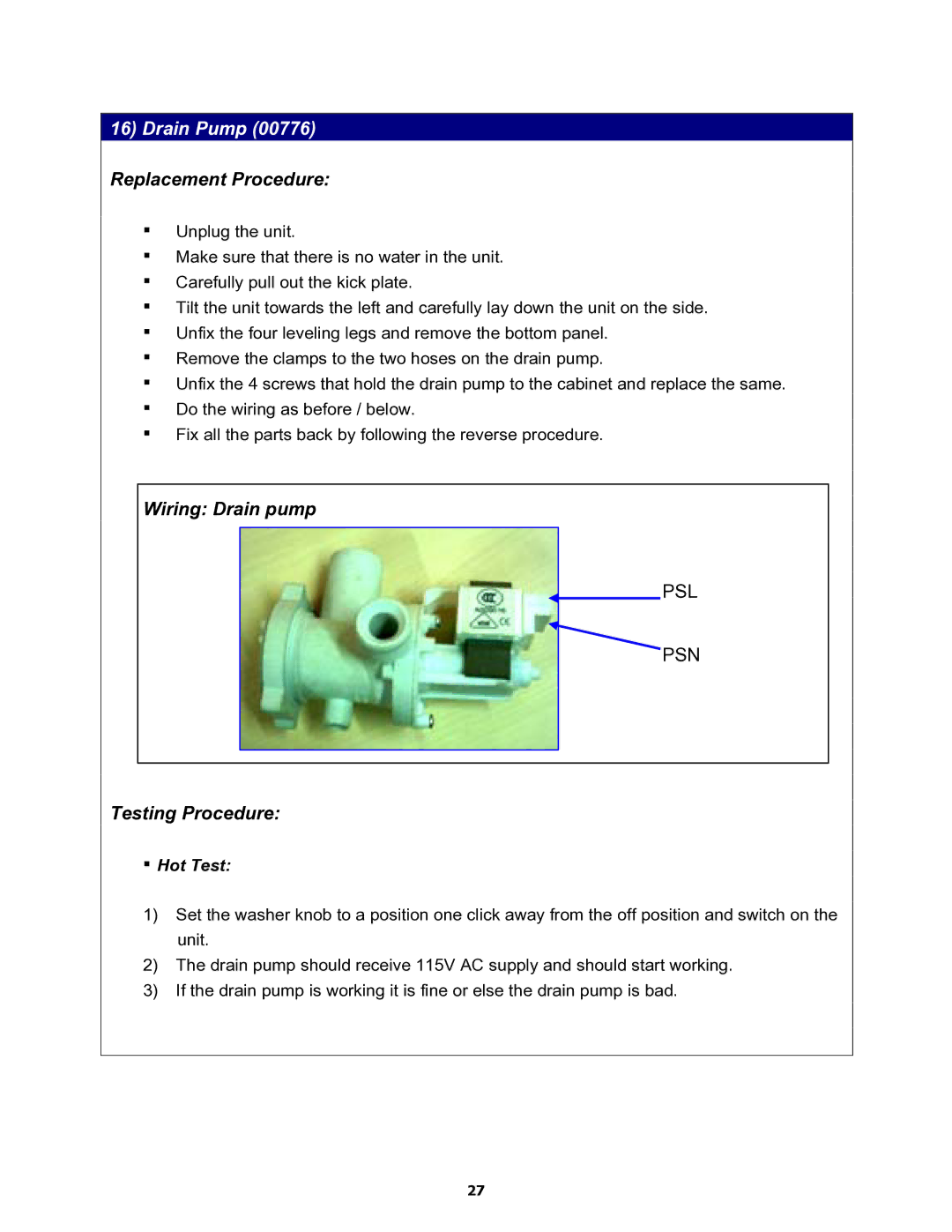 Equator MD3720CEE service manual Drain Pump 00776 Replacement Procedure 